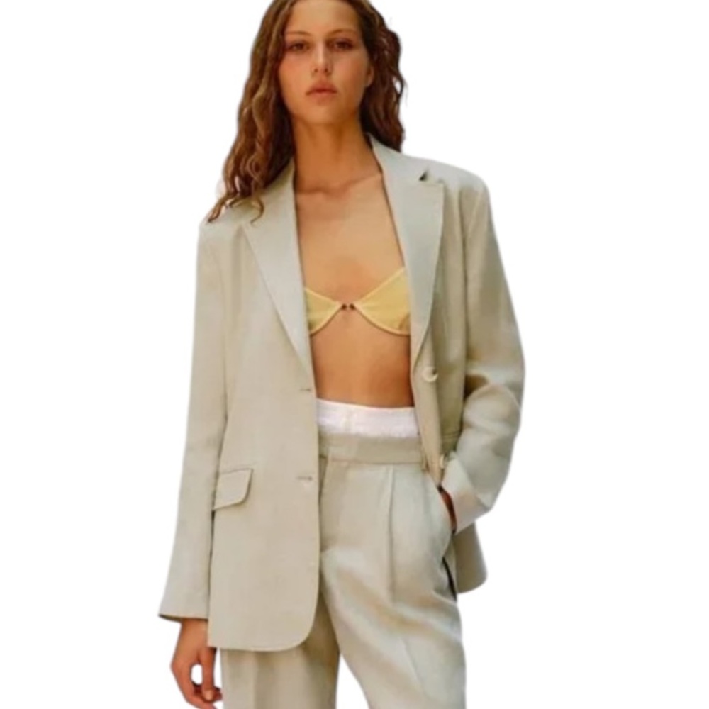 Zara Tan Linen Straight Cut Oversized Blazer - L